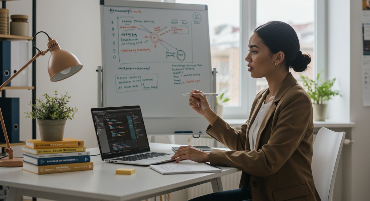 Confident woman learning tech skills with career roadmap, modern workspace, and sustainable elements