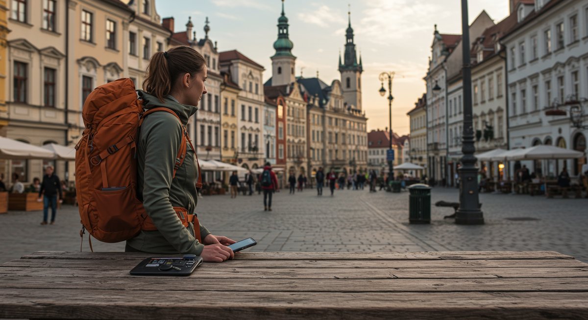 Experienced traveler using smartphone to research hidden gem activities at historic city square with traditional architecture