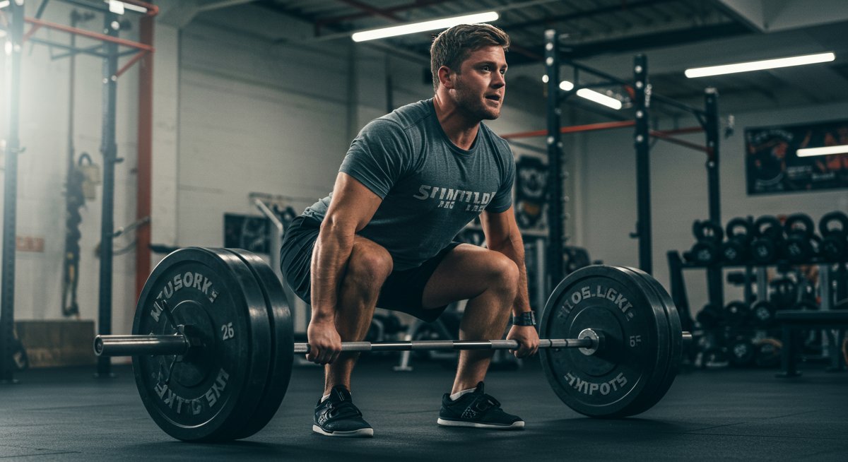 Person doing deadlifts in gym with dramatic lighting