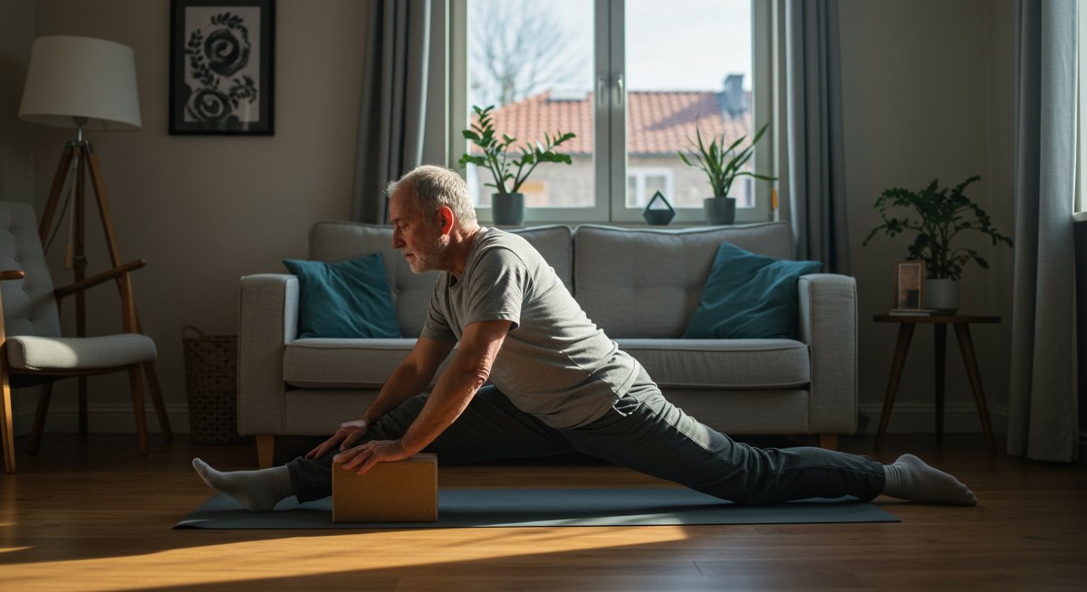 Senior man performing knee-friendly stretches at home with yoga block in natural light