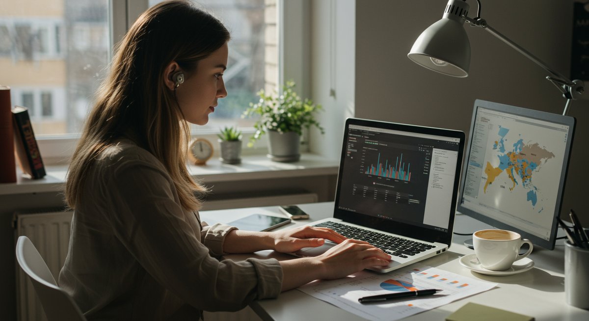 P2P lending beginner's guide illustration: European investor analyzing loan portfolio data on laptop with map of Europe and financial charts in modern workspace
