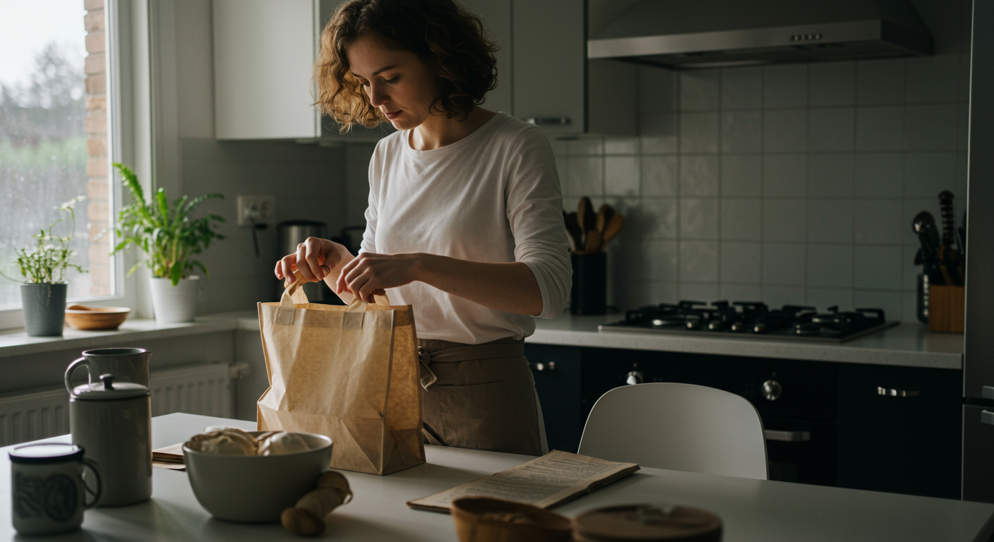 Experienced minimalist organizing reusable shopping bags in a modern kitchen, promoting eco-friendly minimalism and sustainable living.