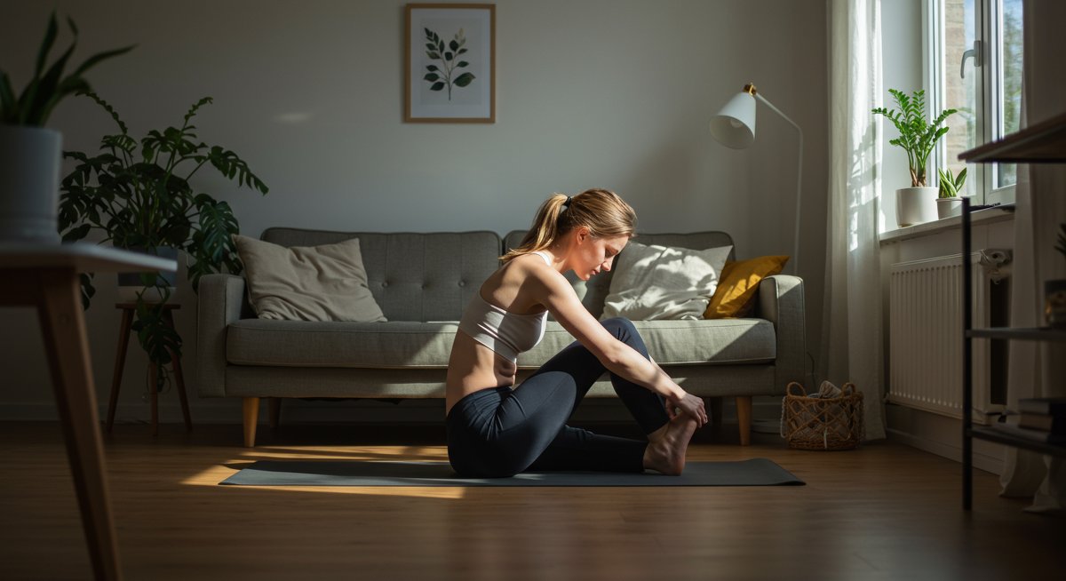 Woman doing seated knee stretches at home with yoga mat and plants, natural lighting