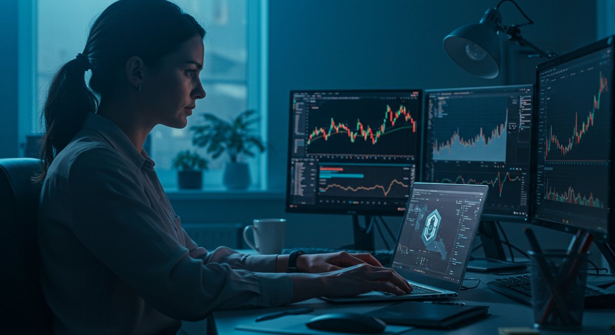 Professional crypto recovery guide illustration showing experienced trader analyzing blockchain transaction data on laptop