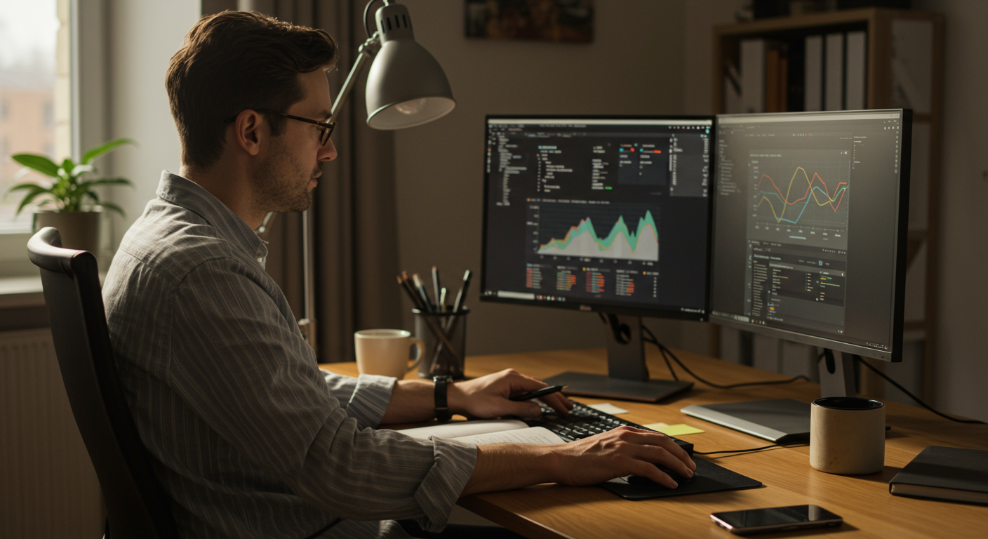 A professional working at a modern desk with a project management dashboard on dual monitors, demonstrating strategic planning for productivity.