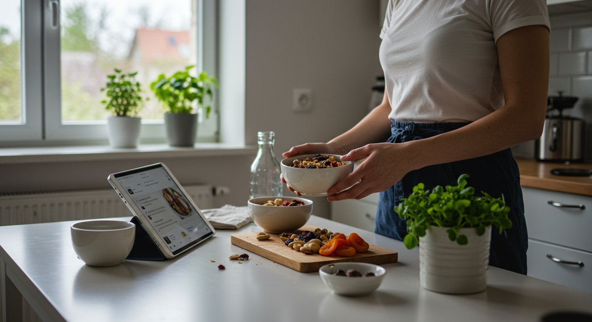 Vegan snack preparation in a clean kitchen with nuts, dried fruit, and a recipe tablet, emphasizing healthy and easy snack ideas for beginners