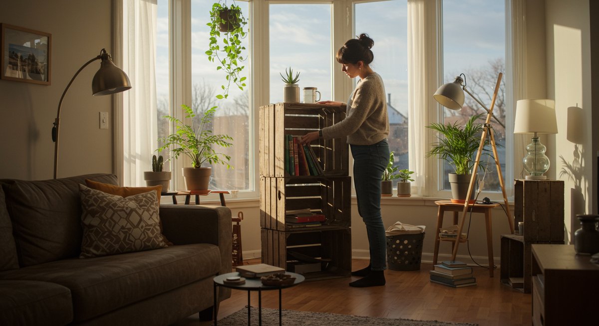 A woman upcycling an old wooden crate into a bookshelf, showcasing sustainable home decor with upcycled items in a modern living room