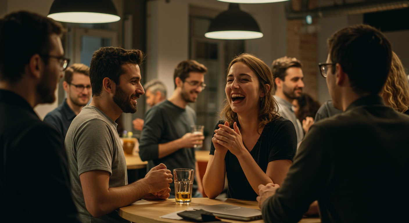 Digital nomads networking at a co-working space social event, highlighting community building and connection among remote workers.