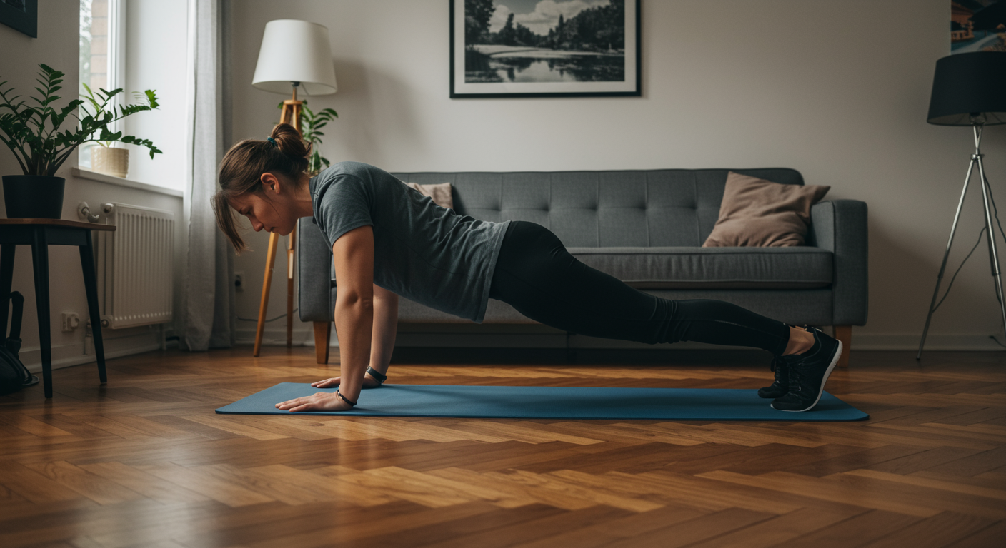 Intermediate fitness person doing plank in living room, core exercises at home