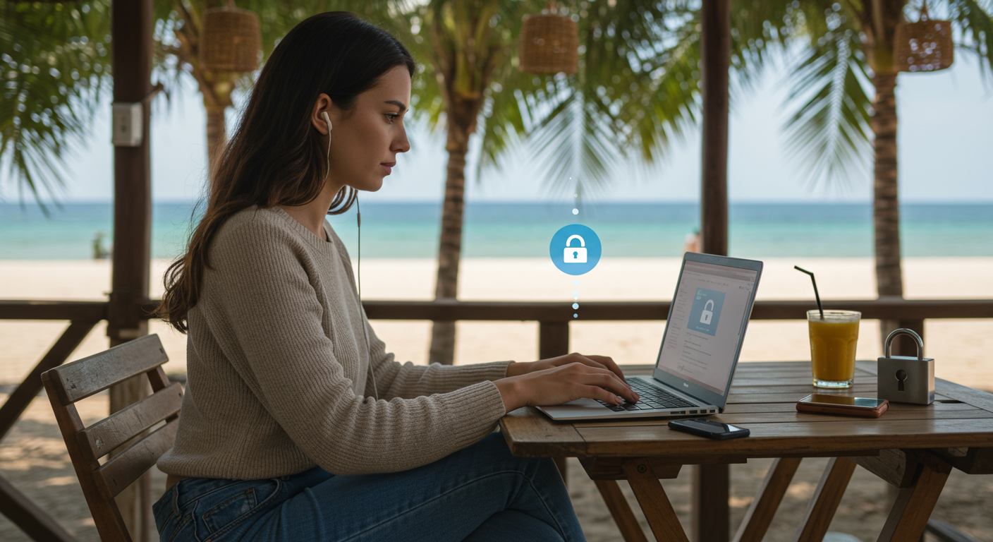 Digital nomad woman working securely at a beach cafe, focusing on cybersecurity.