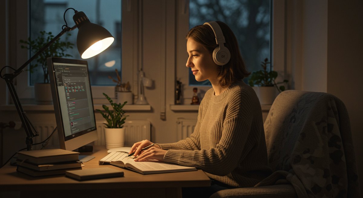 Self-learner mastering new skills with personalized learning plan, warm study environment