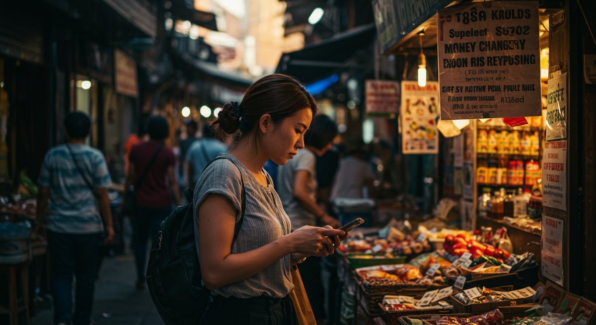 Traveler investigates potential currency exchange scam in local market with phone