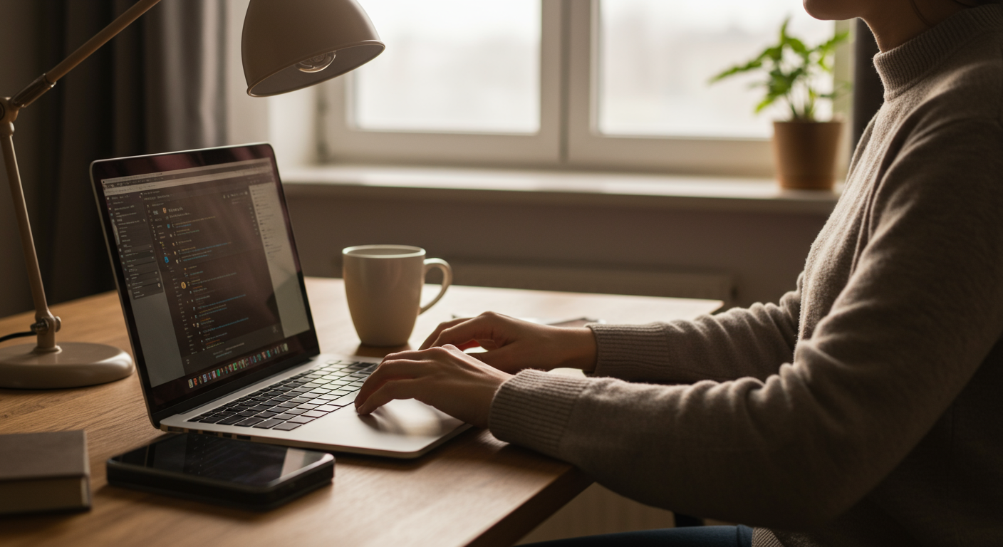 A person at a desk with a laptop and coffee, engaged in a deep work session in a modern home office setting. The scene is brightly lit with natural light, emphasizing focus and productivity.