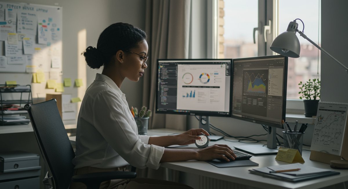 Confident woman professional in modern home office using Pomodoro timer and project management tools for focused work