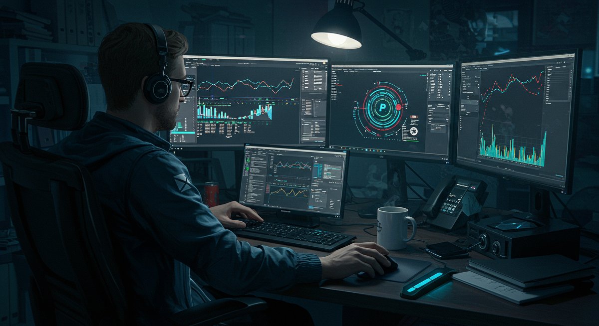 Crypto trader examining international tax implications with global financial data on screens