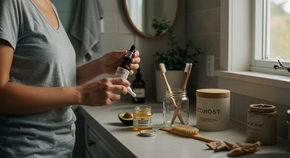 Sustainable skincare routine with DIY face serum, reusable glass jar, bamboo toothbrush, and compost bin in a minimalist bathroom setting