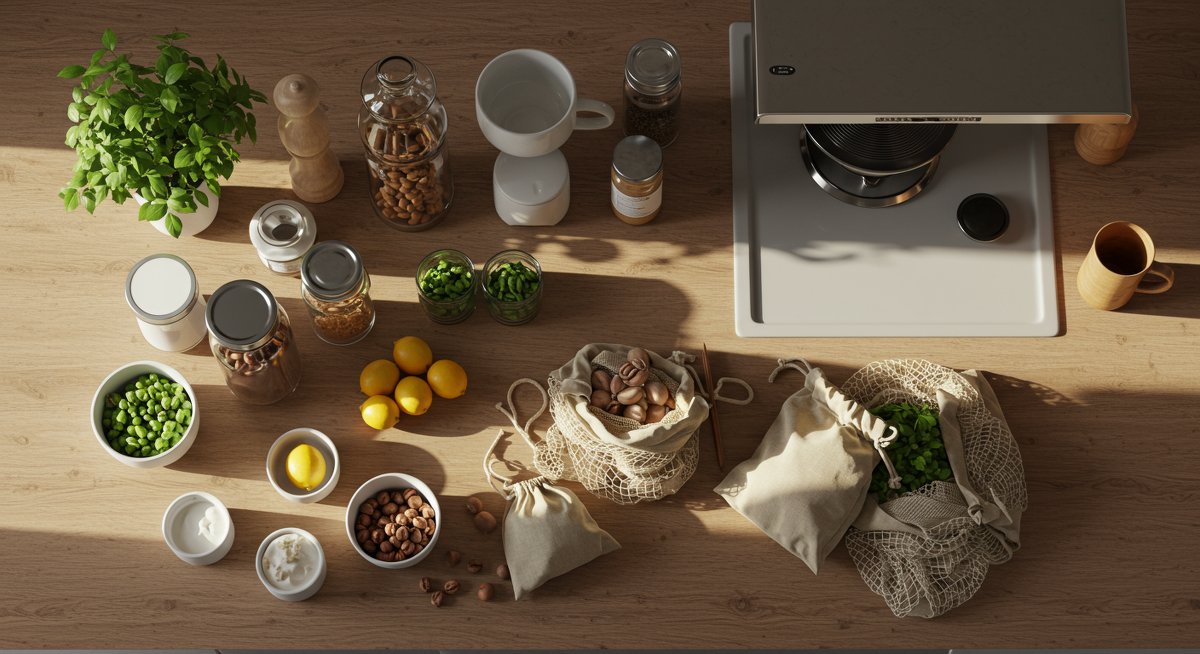 Zero-waste meal planning: Bulk food containers, reusable bags, and fresh produce in a clean kitchen setup