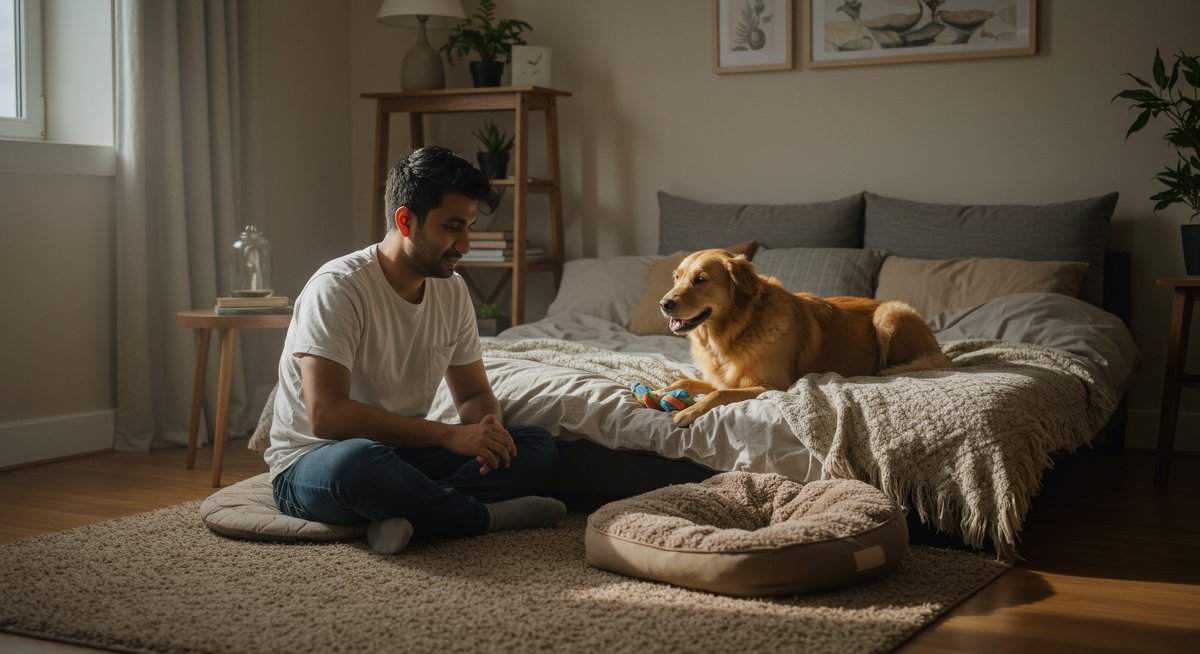Experienced pet parent creating a cozy dog-friendly space with comfort-focused furniture and accessories