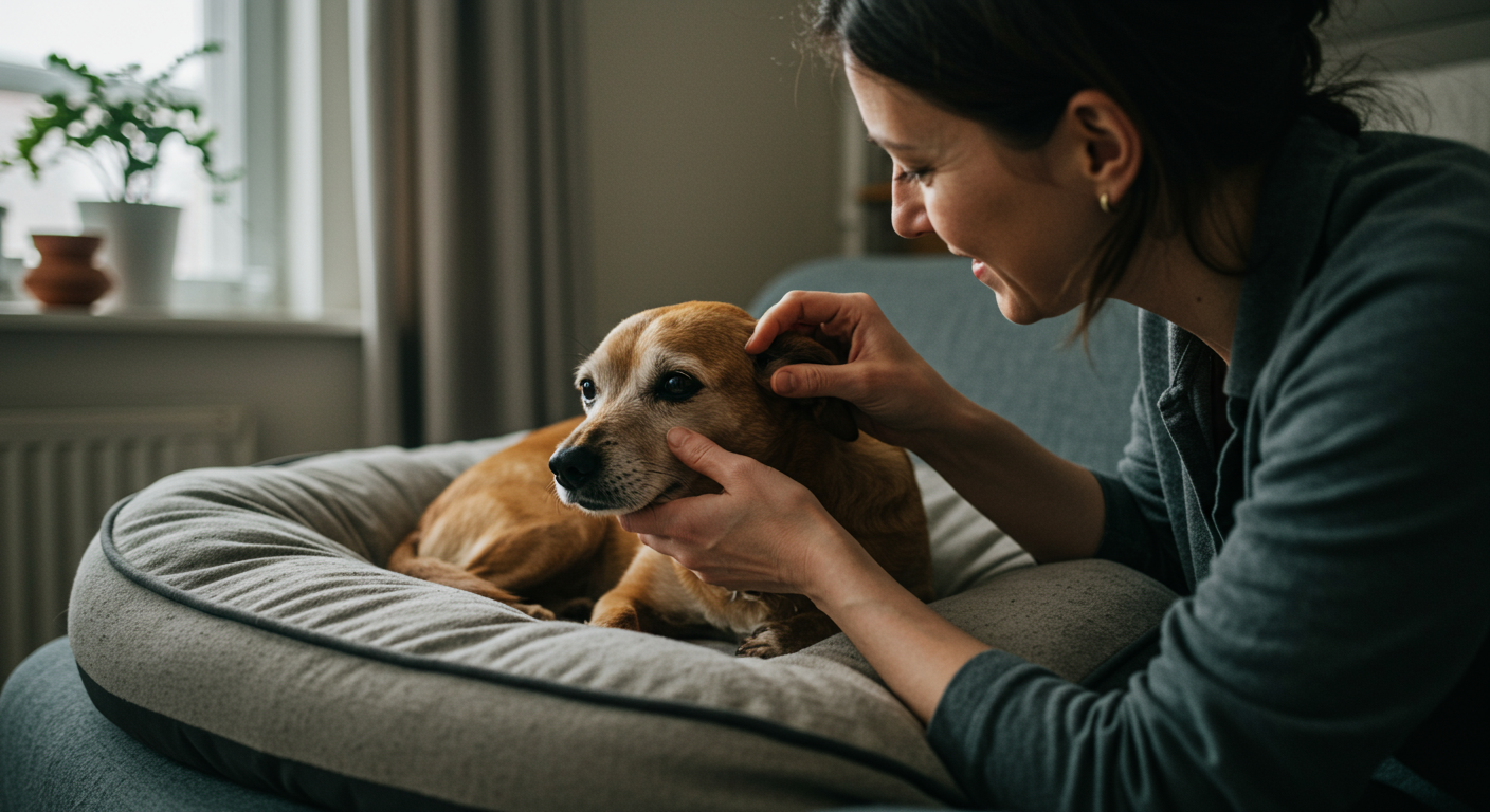 Experienced pet parent gently checking their senior dog's gums on a soft bed, focused on dog health and wellness