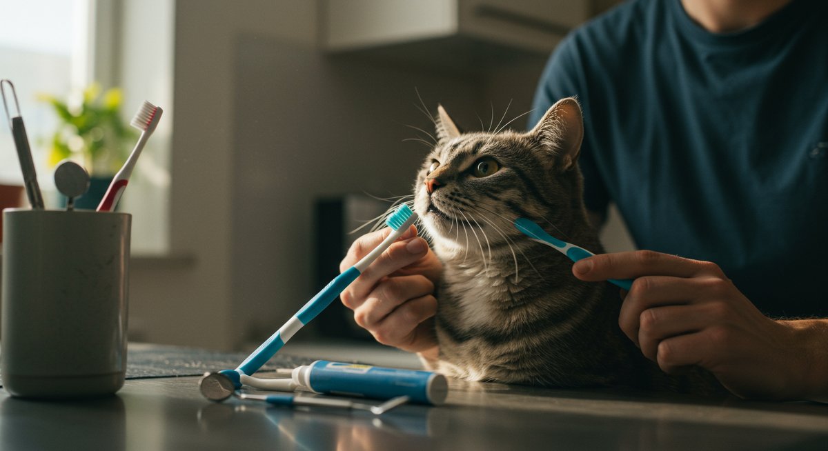 Professional illustration showing a man gently brushing his cat's teeth with dental tools in a clean kitchen, promoting at-home cat dental care