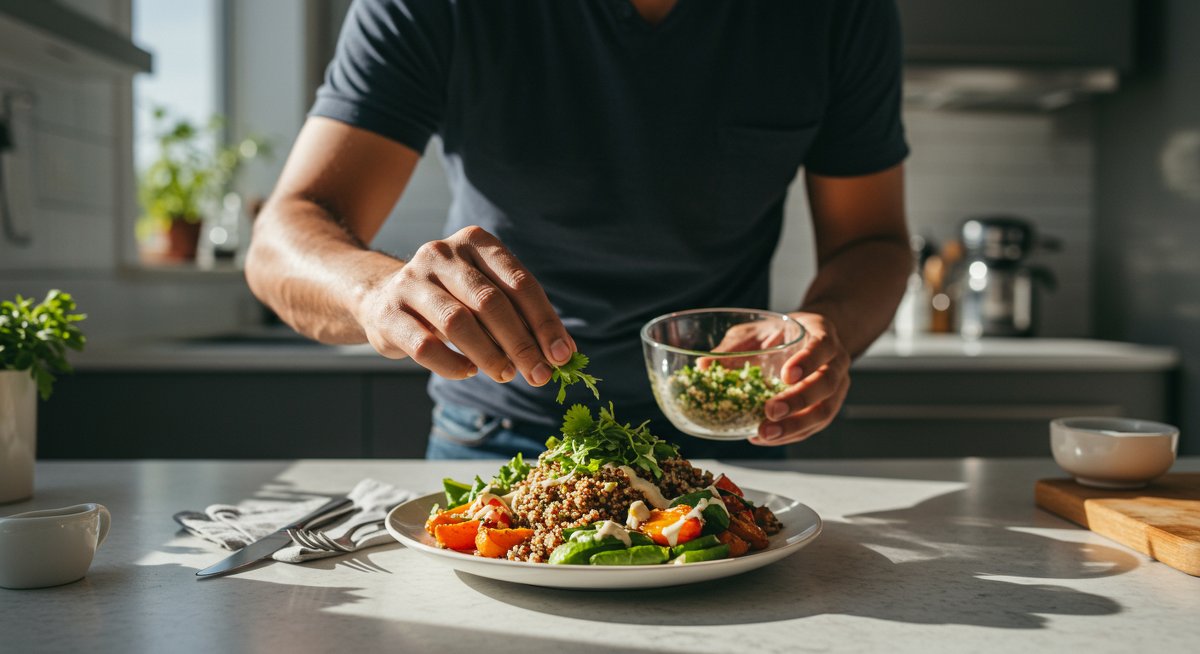 Vegan lunch idea: Quinoa bowl with roasted vegetables, tahini drizzle, and fresh herbs. Professional food photography showing a man preparing a flavorful, colorful vegan dish in a modern kitchen.