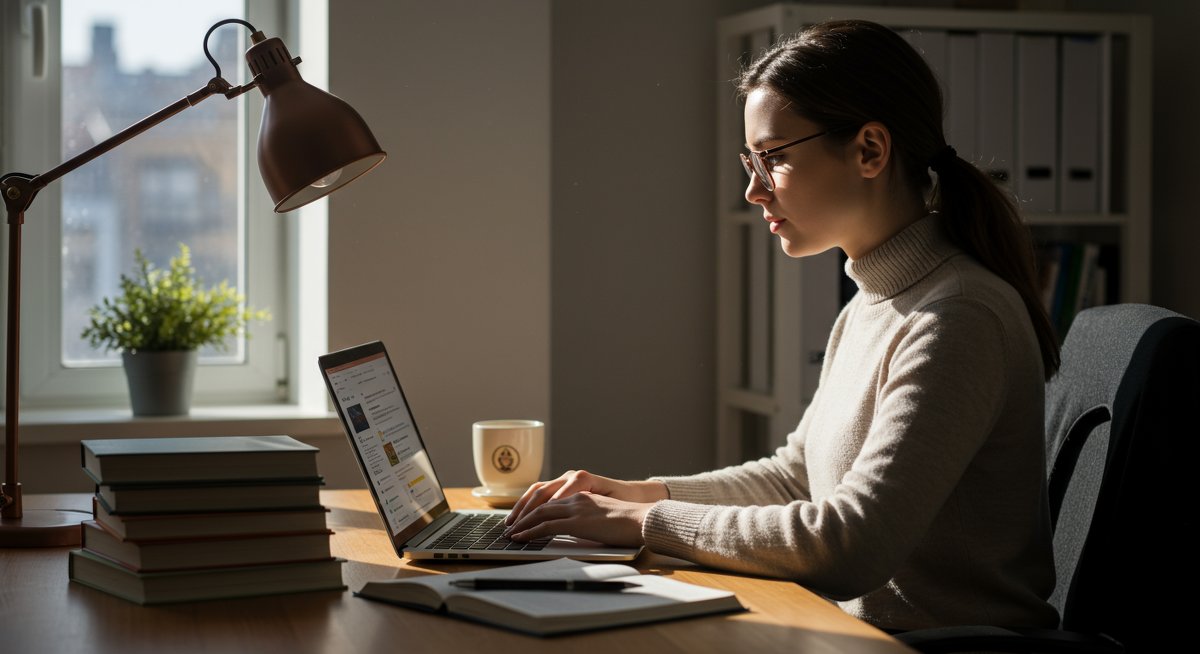 Adult learner using digital tools for effective study techniques in professional workspace