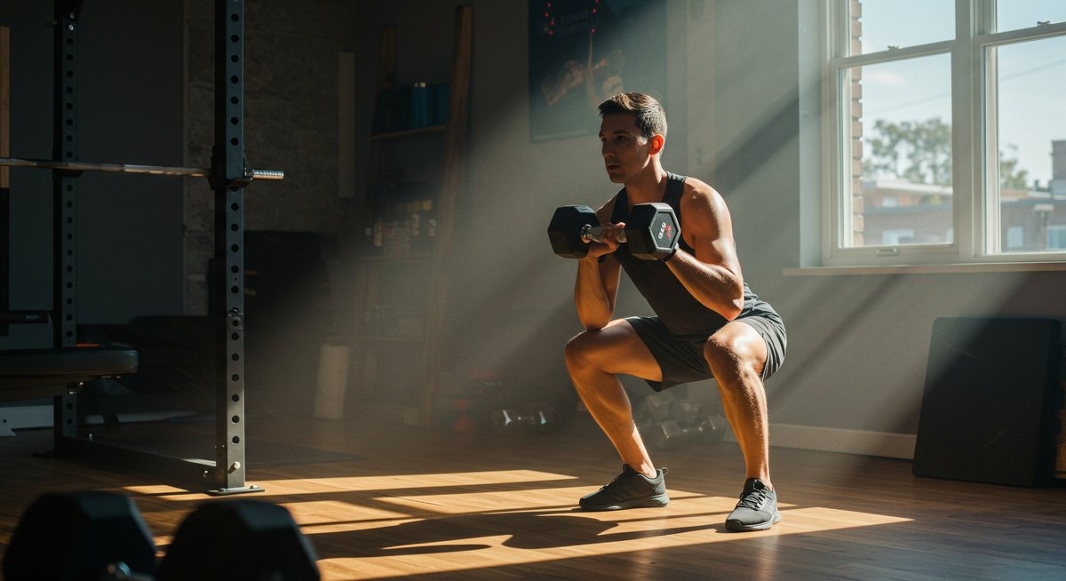 Person doing squats with dumbbells in home gym with natural lighting