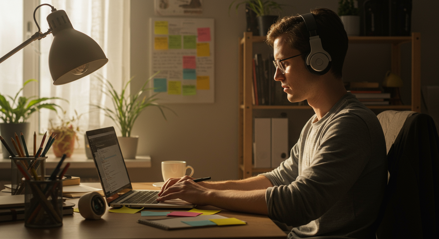 Person using Kanban method for personal productivity in a home office setting with a laptop, post-it notes, and a Pomodoro timer.