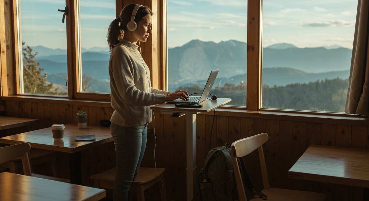 Beginner digital nomad setting up workspace in mountain café, focused on visa application with modern gear