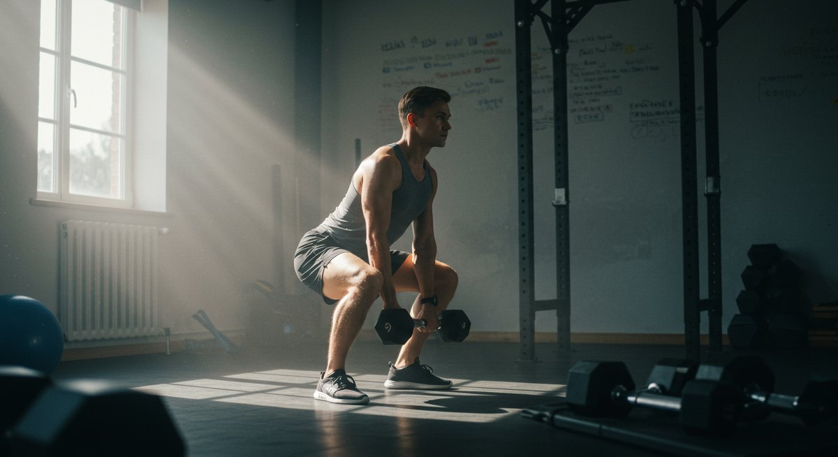 Person doing squats with dumbbells in home gym with natural lighting