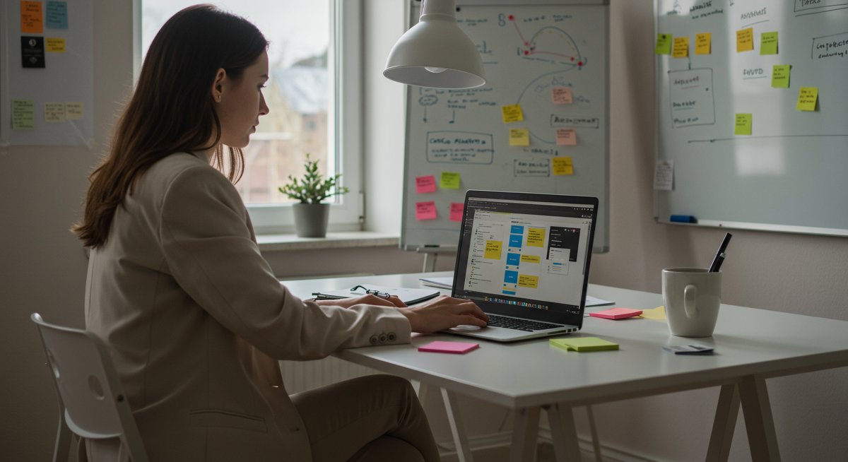 Young professional using agile methods for personal productivity with kanban board and task management tools in minimalist workspace