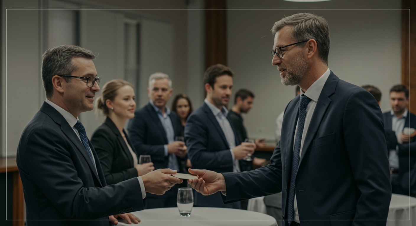 Mid-career professional exchanging business cards at a networking event, building connections and career advancement.