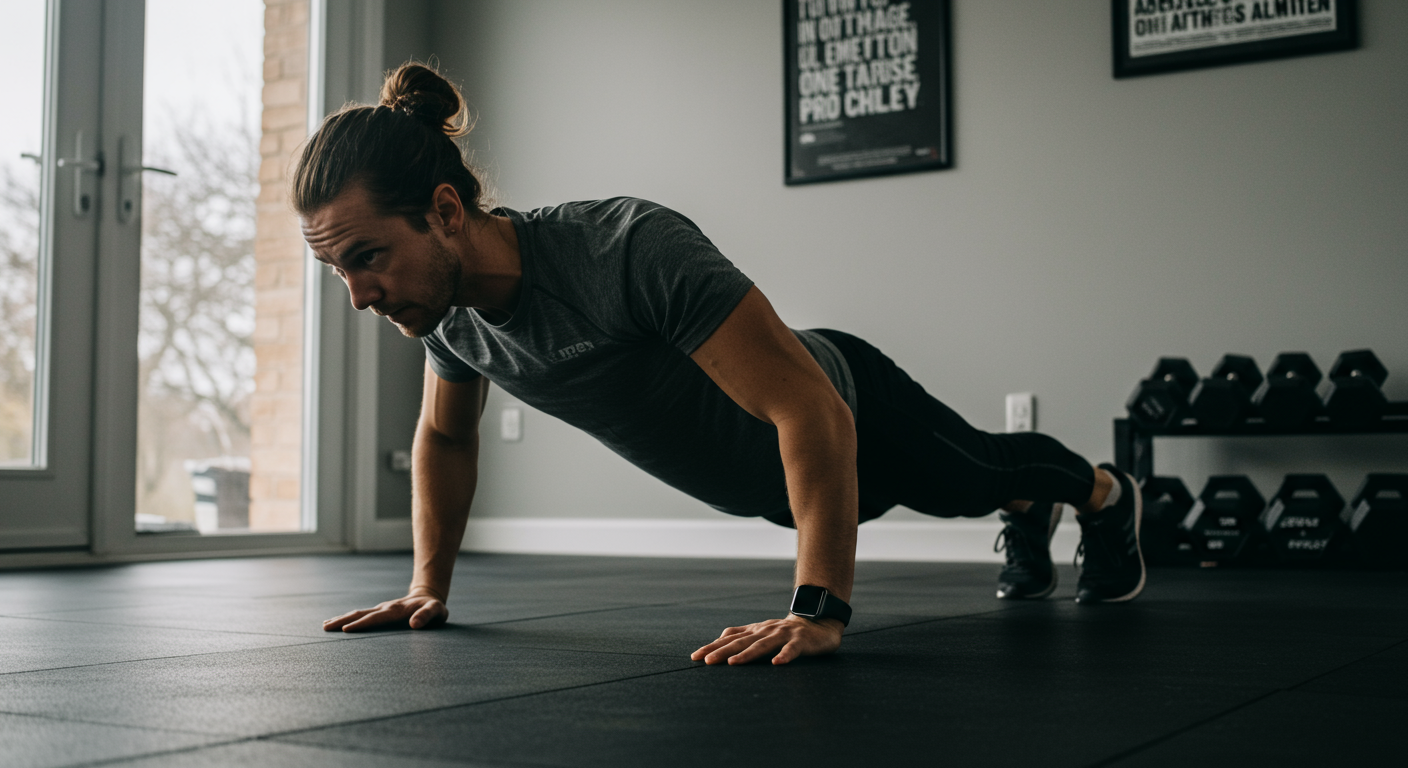 Advanced bodyweight exercises at home: A person demonstrating a one-arm push-up in a home gym, showcasing strength and determination.