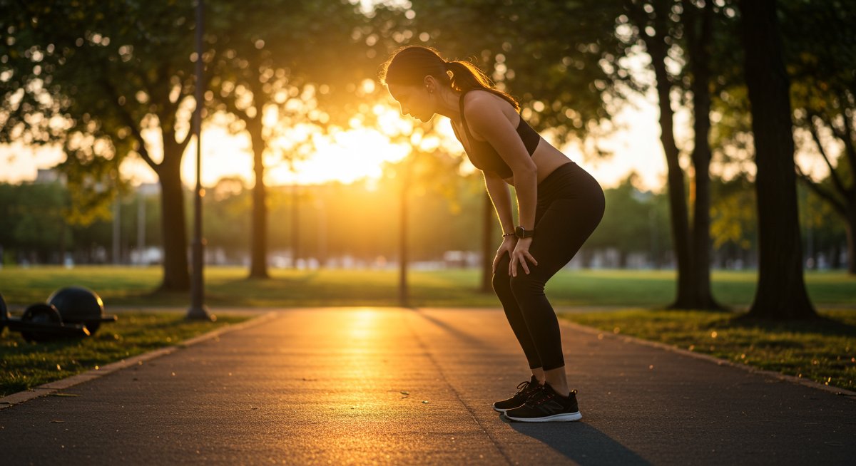 Woman doing burpees in park during sunrise with natural lighting