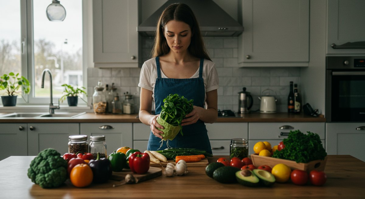 Vegan meal planning illustration showing organized weekly recipes and grocery list with fresh ingredients
