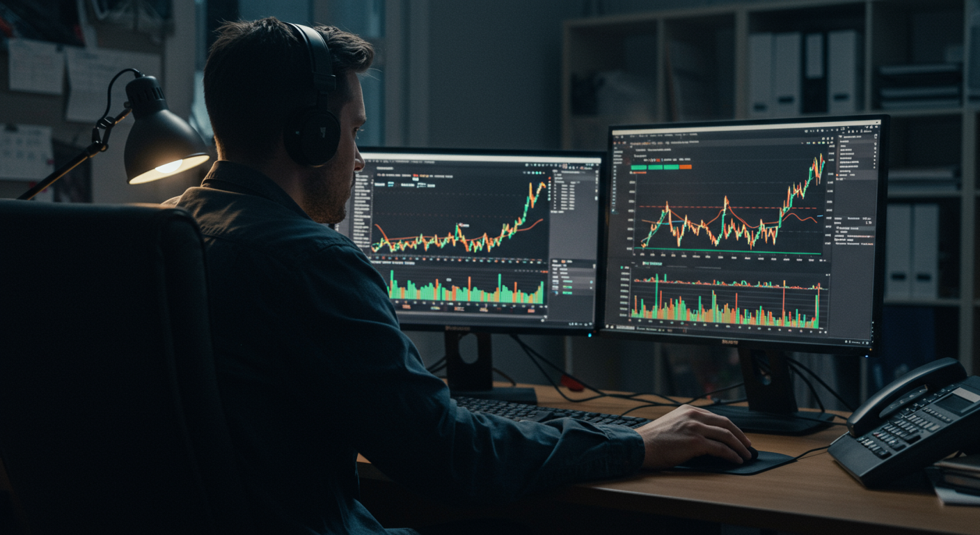 Person trading cryptocurrencies with a focused mindset