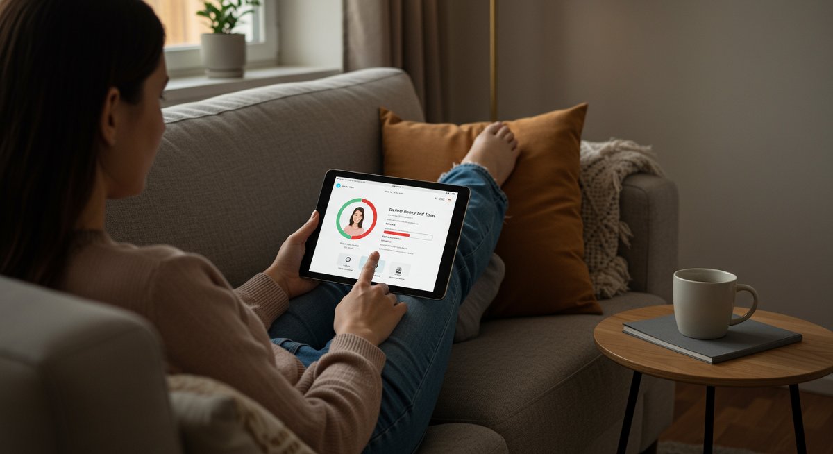Young woman using a budgeting app on a tablet to build an emergency fund.