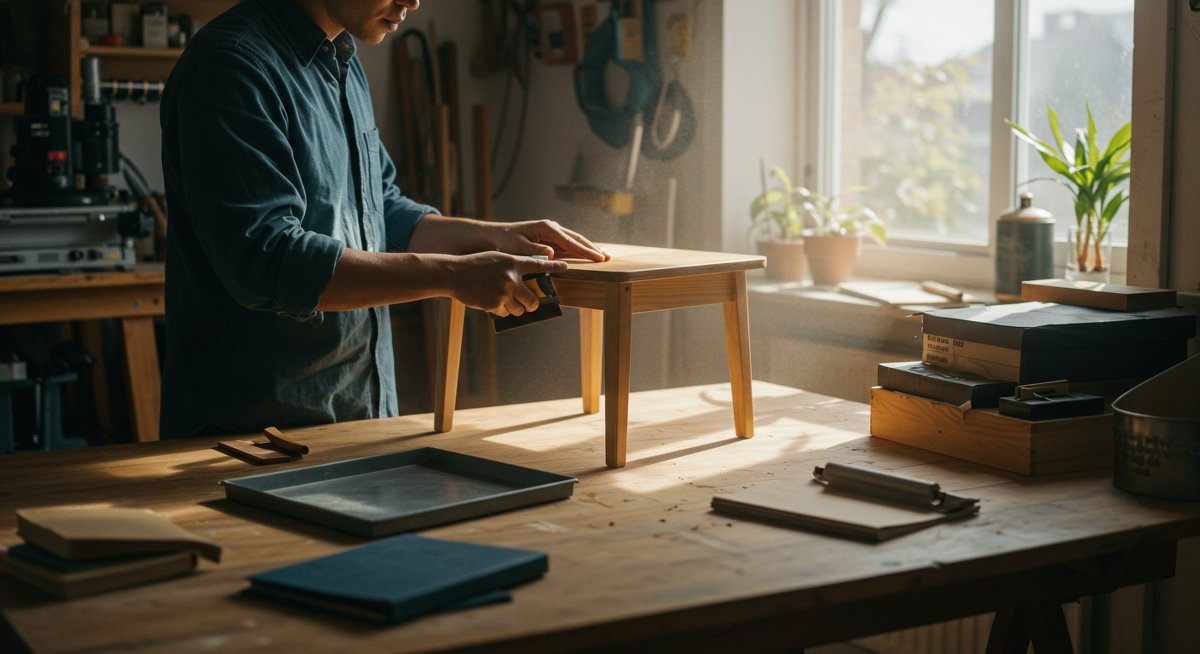 Upcycling project showing a person transforming an old wooden chair into a storage ottoman with natural light and eco-friendly materials
