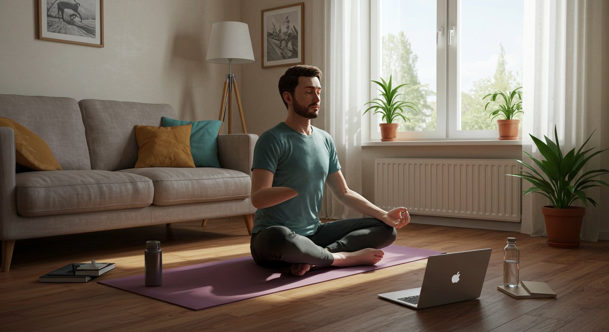 Professional illustration of a man practicing yoga in a modern living room to reduce burnout and boost energy levels at home