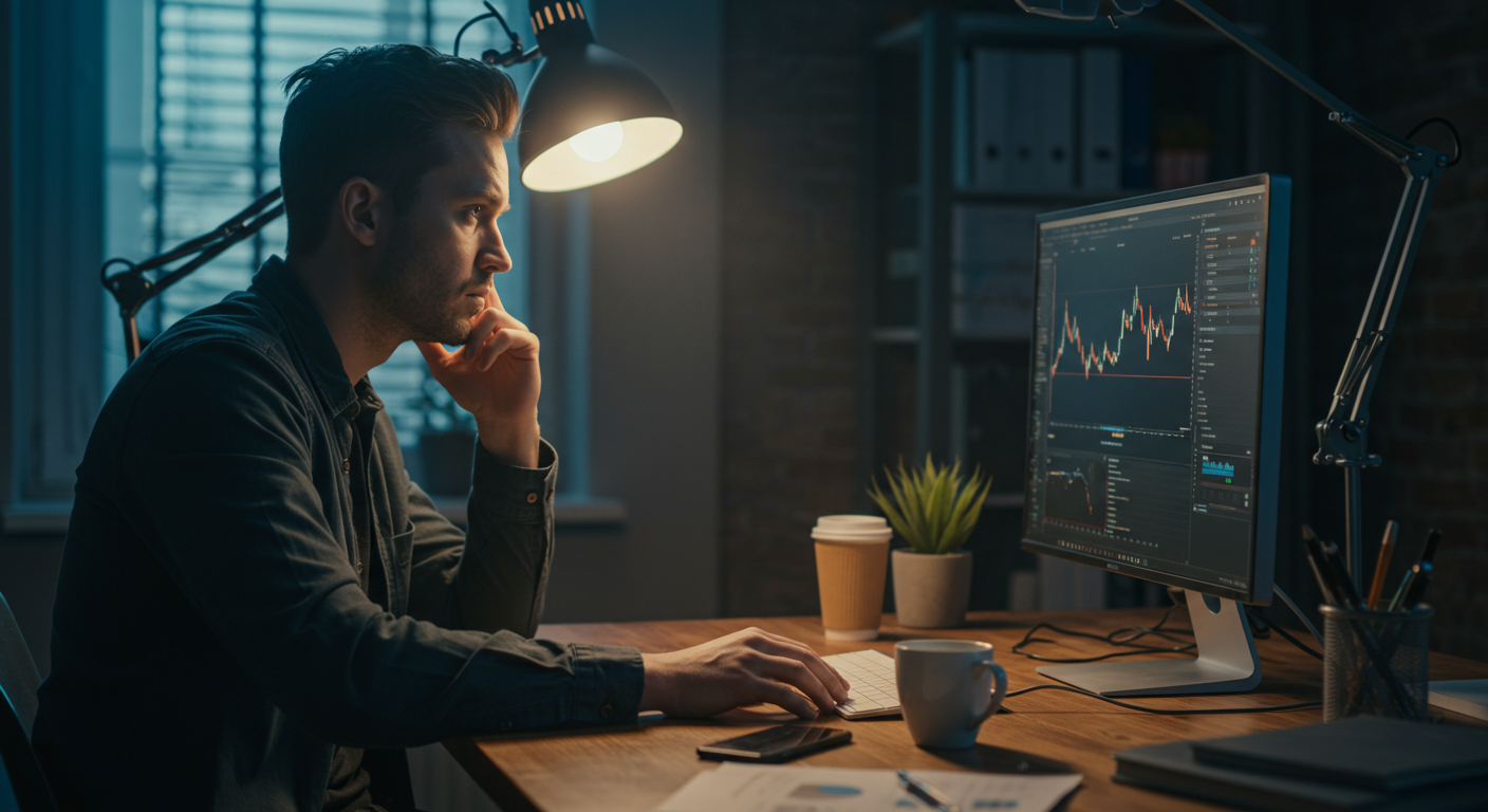 Experienced crypto trader analyzing market charts in a co-working space, focused on identifying and avoiding hidden swap fees.