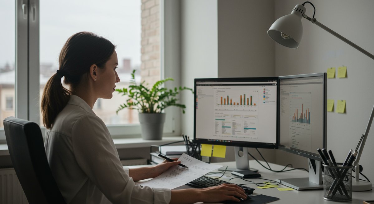 Experienced budgeter using financial tracking software in modern home office with natural lighting and plant decor