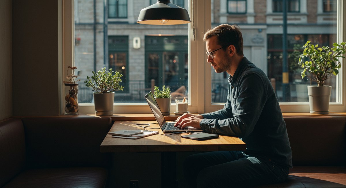 Digital nomad tech setup in a café with laptop, portable monitor, ergonomic accessories, and natural light - ideal for mobile office guide