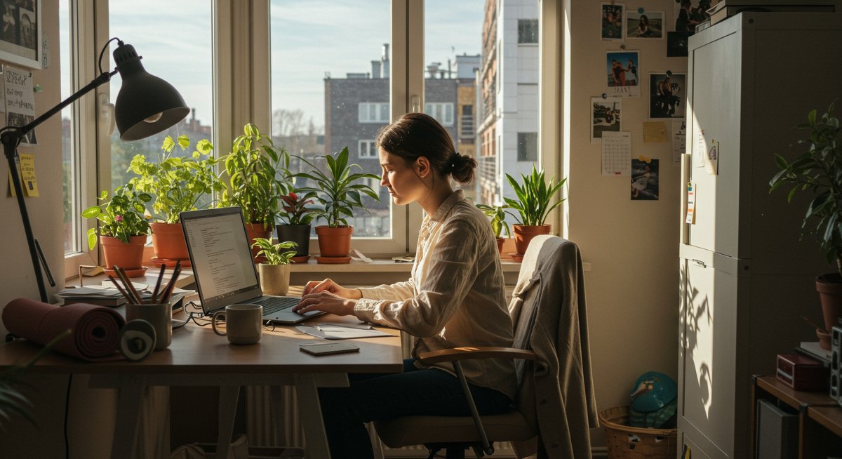 Professional woman in modern home office with eco-friendly elements showing work-life balance