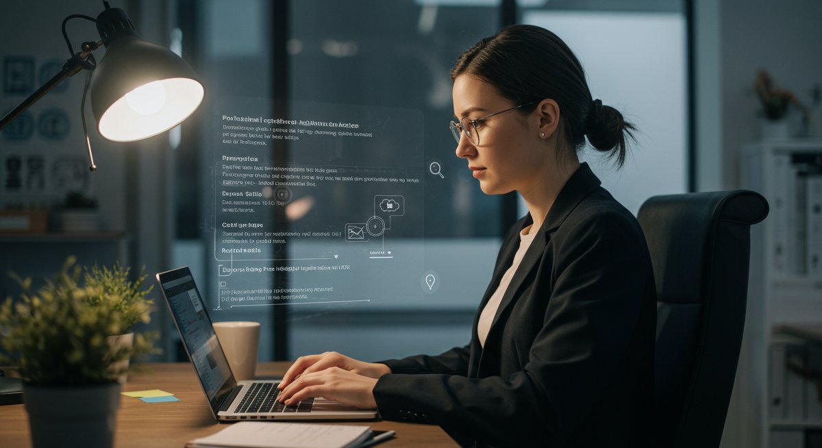 Digital nomad cybersecurity professional working securely from modern co-working space with data protection focus