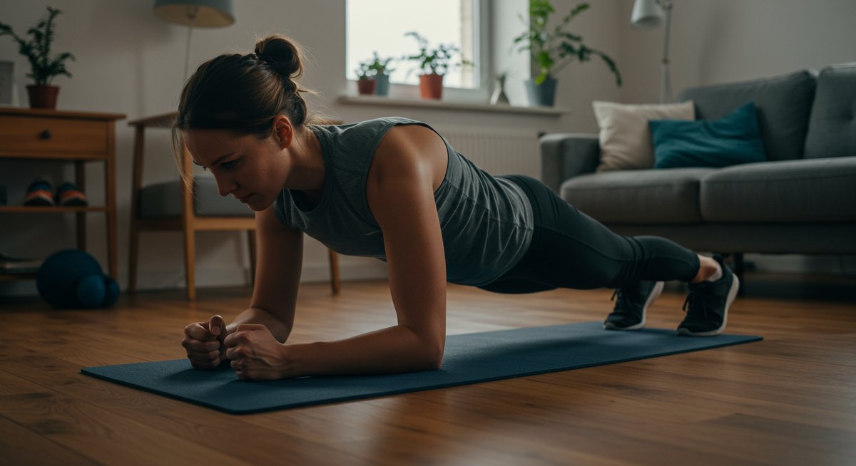 Beginner doing planks at home with natural lighting