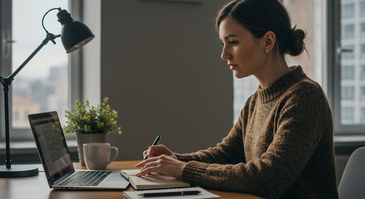 Adult woman overcoming procrastination with Pomodoro technique, professional study setup