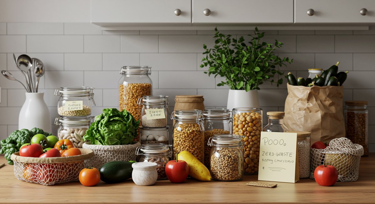 Eco-friendly home swaps: Zero-waste kitchen with reusable containers, bulk food jars, and fresh produce