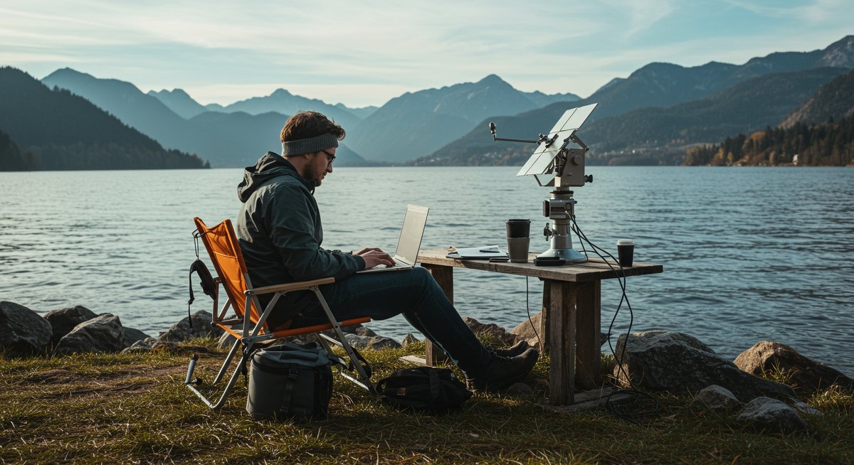 Experienced male digital nomad using satellite internet for remote work in a scenic outdoor setting