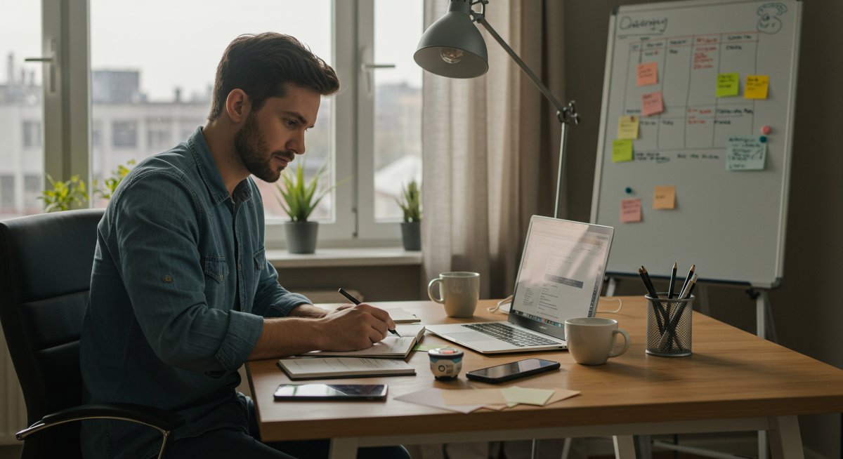 Professional productivity setup showing strategies to conquer social media distractions with focus and organization