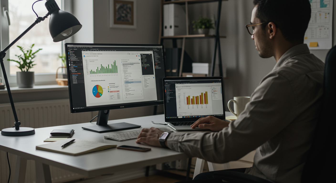 Experienced budgeter reviewing finances using the 50/30/20 budget rule in a home office.